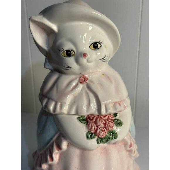 VTG Ceramic Cat Cookie Jar Dressed Kitty in Bonnet & Floral Dress Retro 90s 10" - Picture 2 of 10
